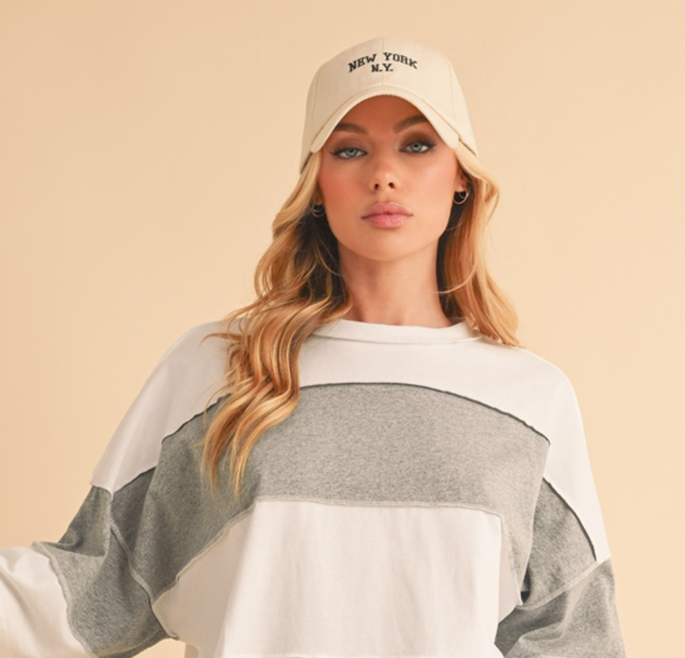 Contrast Panel Long Sleeve Slouchy Top- White Heather Gray