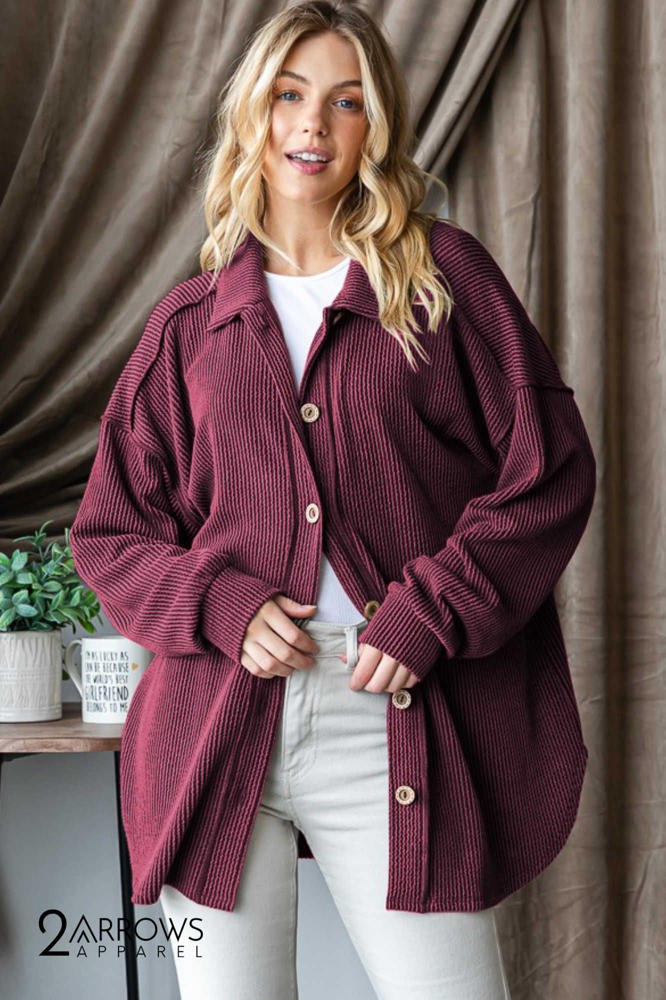 Plus Basic Collar Solid Urban Ribbed Button Down - Burgundy