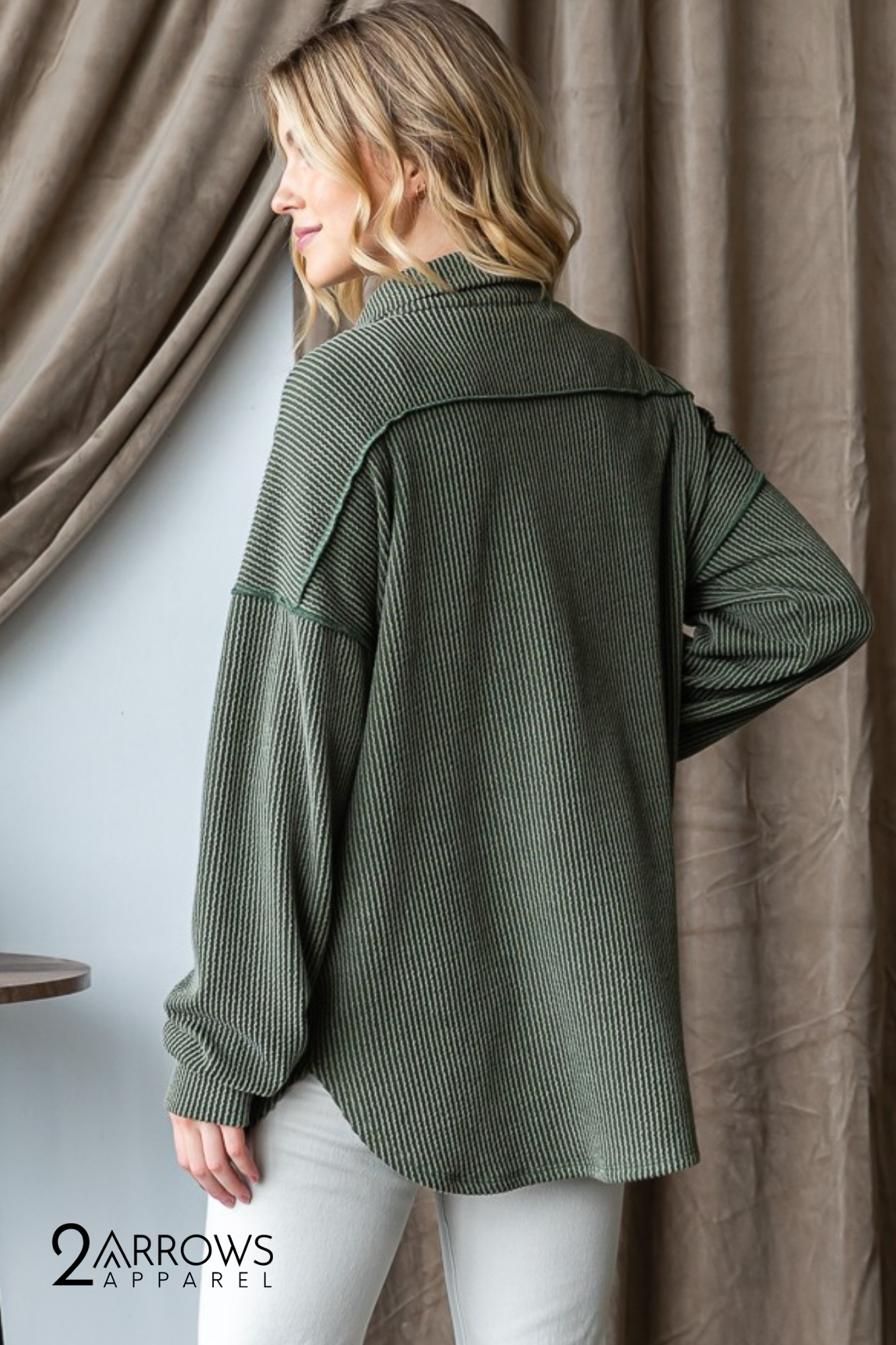 Plus Basic Collar Solid Urban Ribbed Button Down - Olive