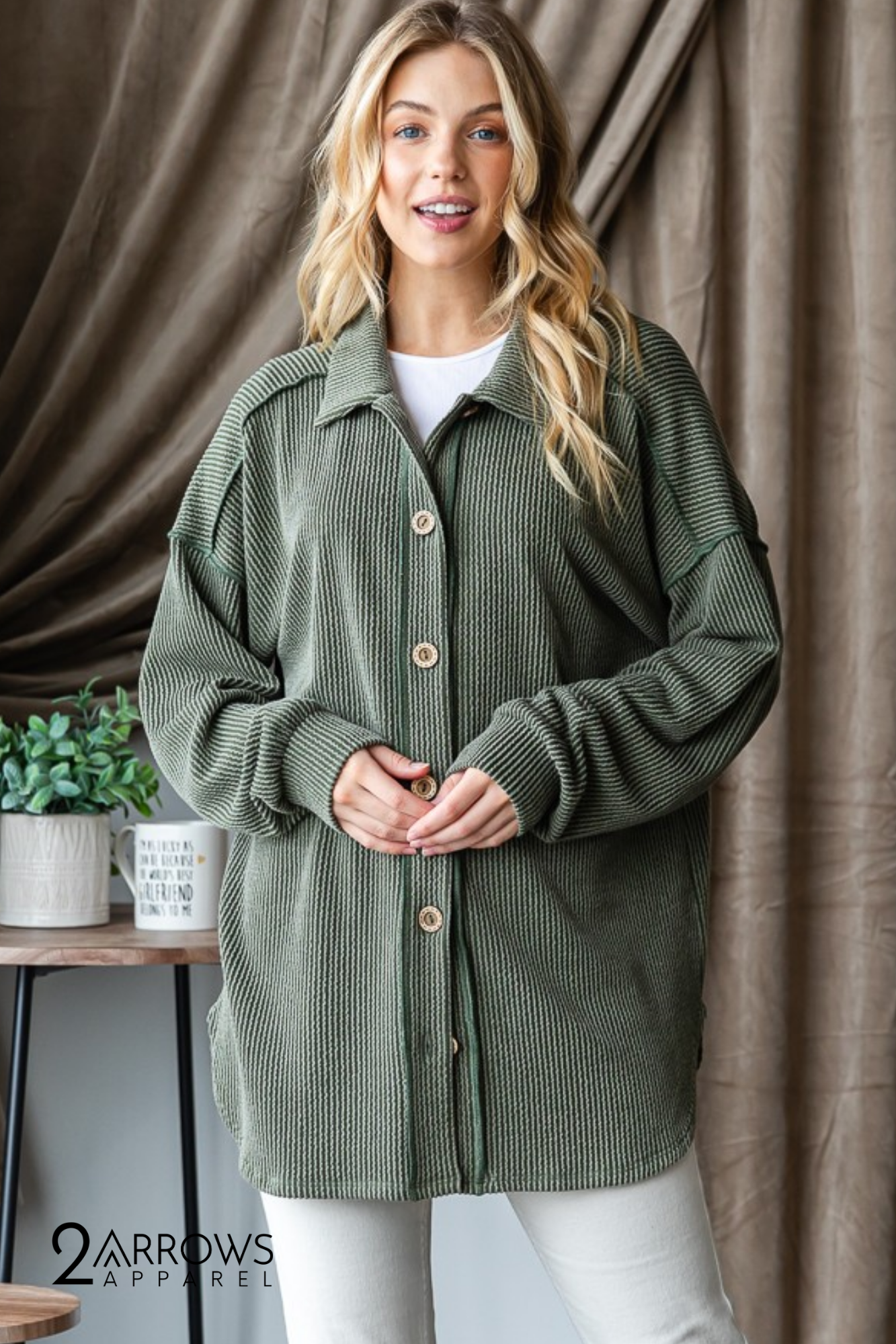 Plus Basic Collar Solid Urban Ribbed Button Down - Olive