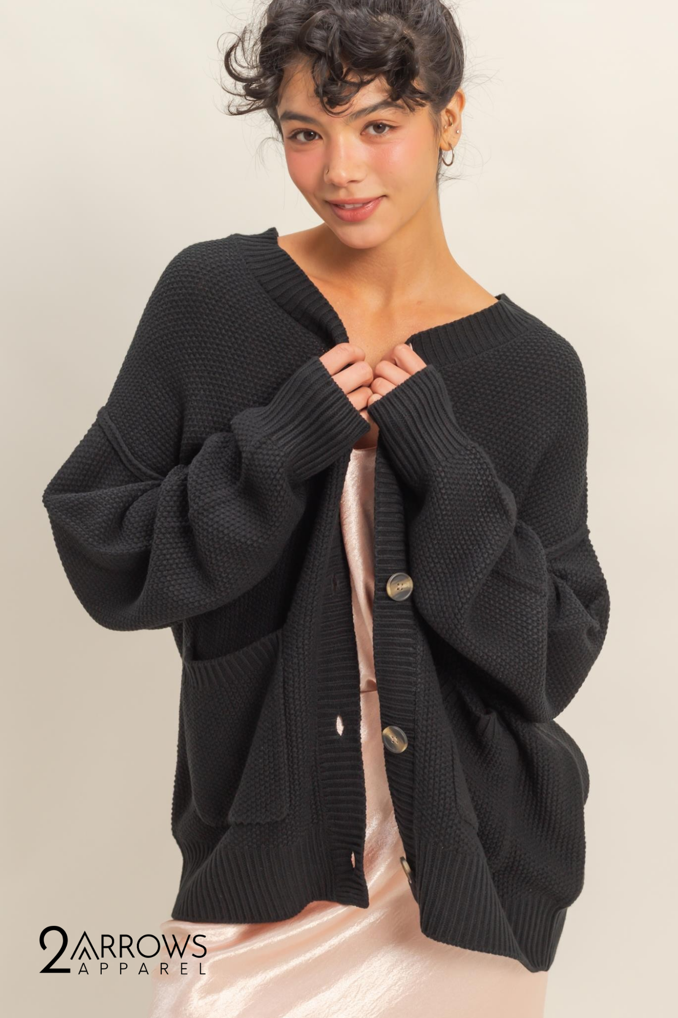 Button-front Oversized Cardigan- Black