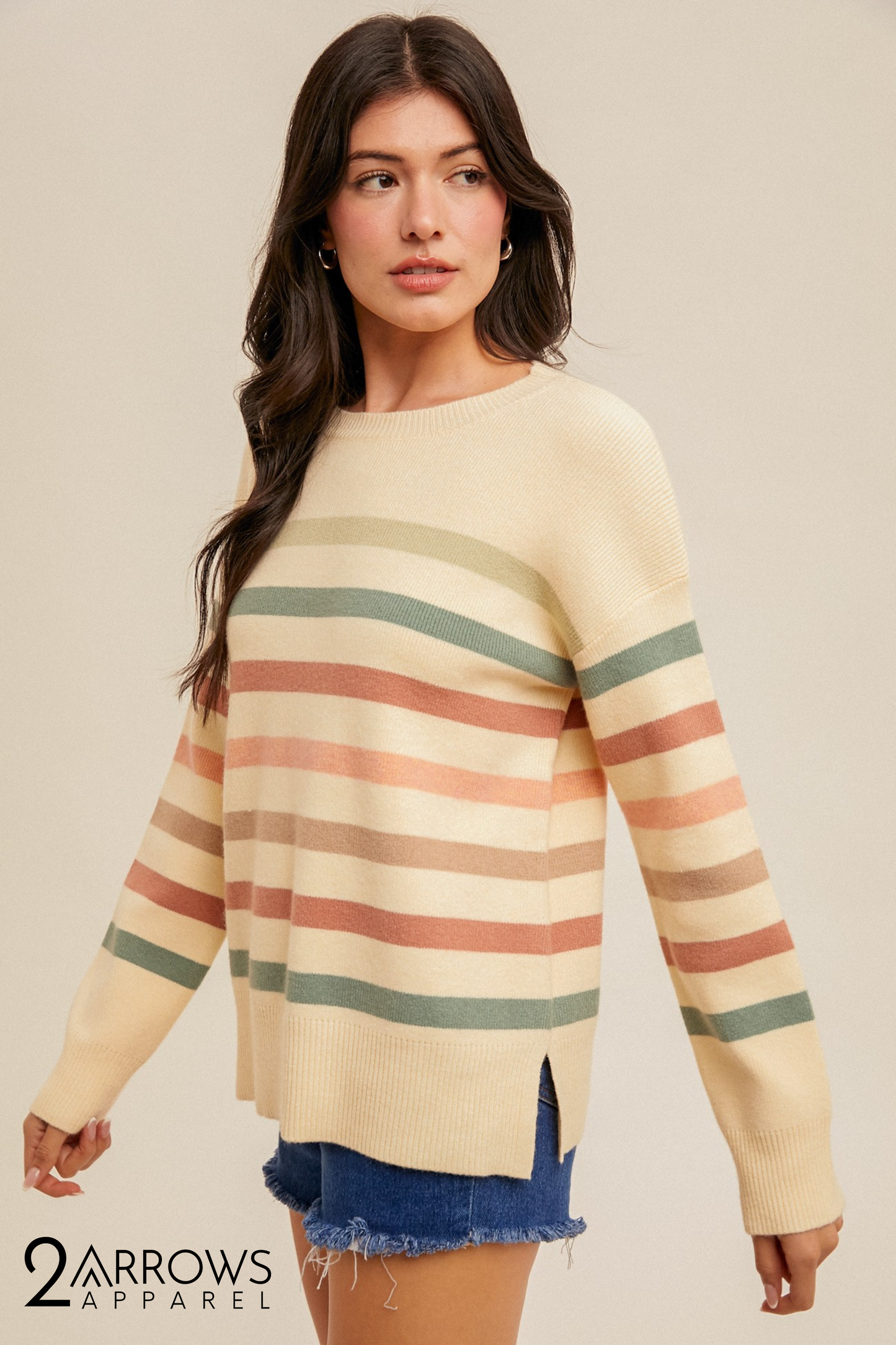 Crew Neck Stripe Split Hem Sweater