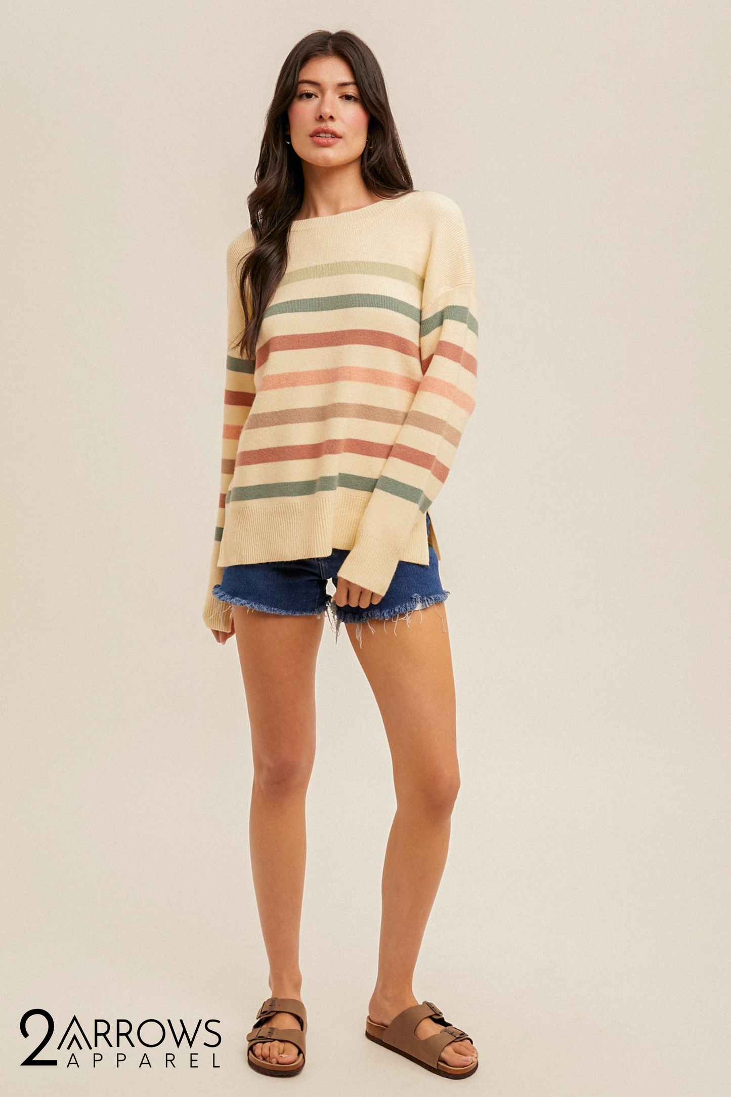 Crew Neck Stripe Split Hem Sweater