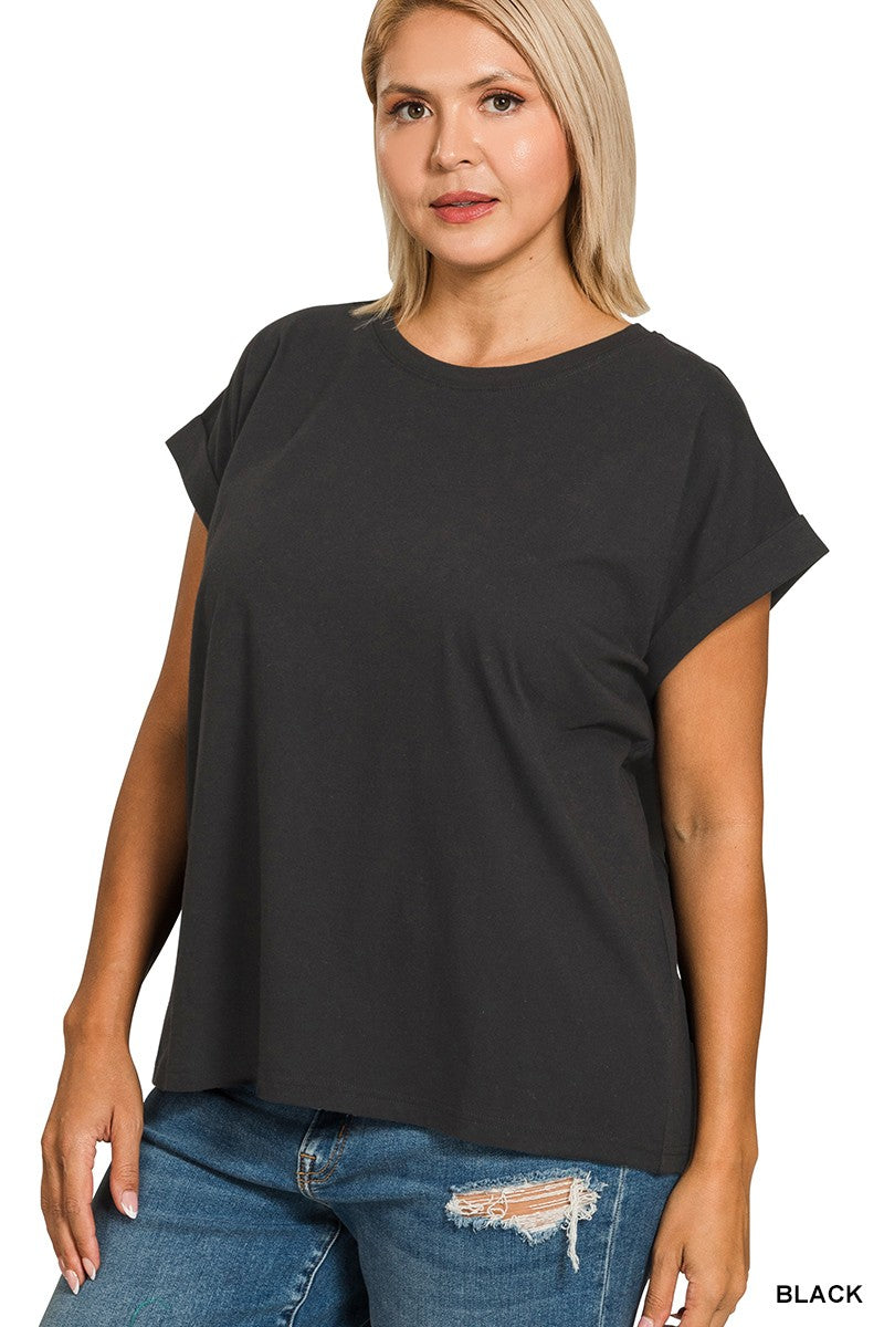 Plus Round Neck Folded Short Sleeve T-shirt