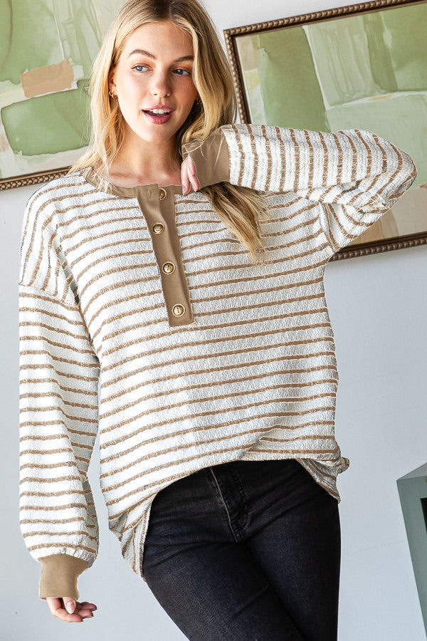 Plus Long Puff Sleeve Stripe Jacquard Print Top