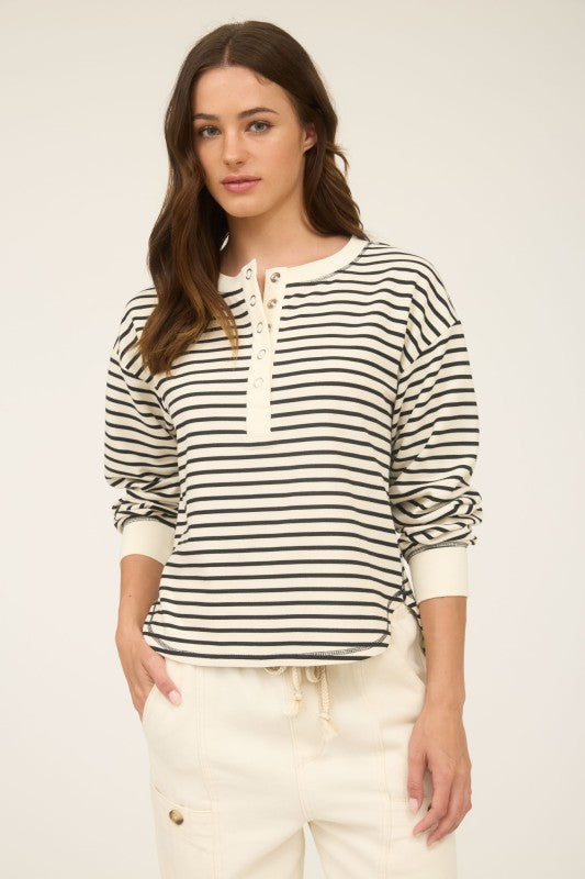 Stripe Henley Snap Button Long Sleeve Knit Top