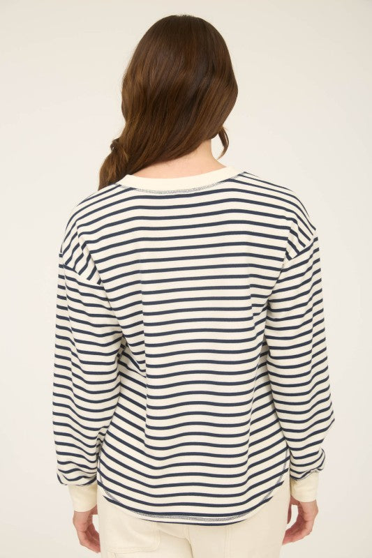 Stripe Henley Snap Button Long Sleeve Knit Top