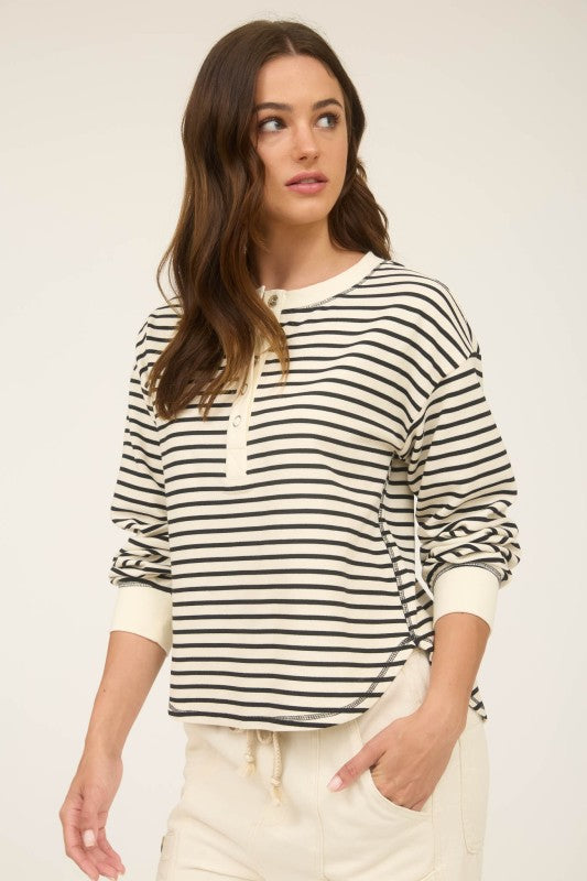 Stripe Henley Snap Button Long Sleeve Knit Top