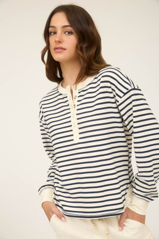 Stripe Henley Snap Button Long Sleeve Knit Top
