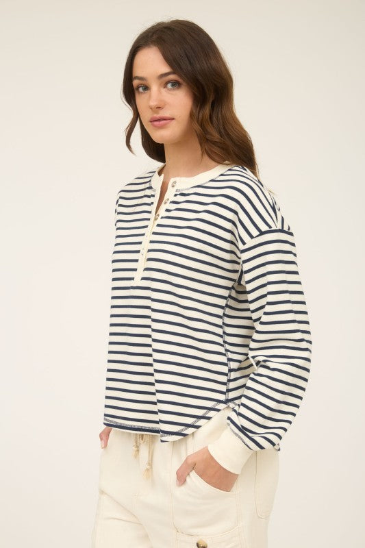 Stripe Henley Snap Button Long Sleeve Knit Top
