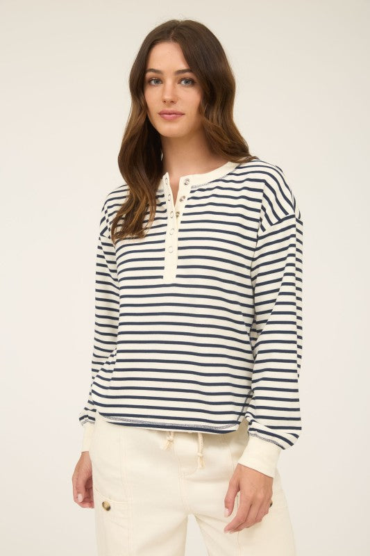 Stripe Henley Snap Button Long Sleeve Knit Top