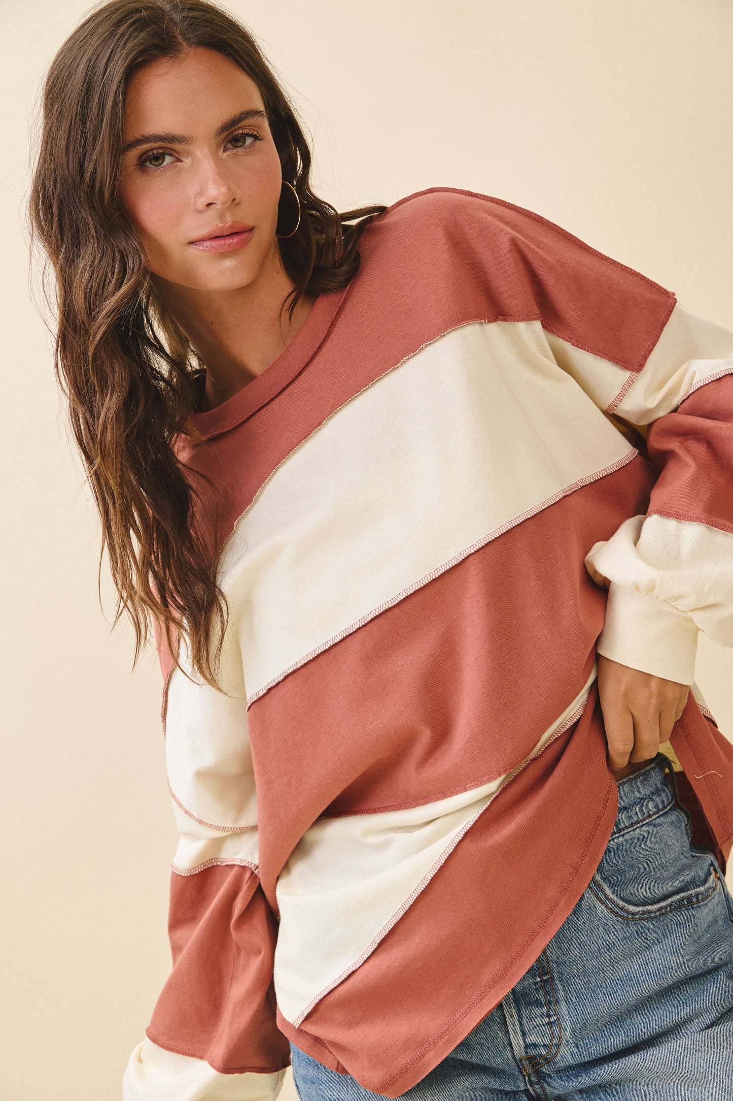 Contrast Panel Long Sleeve Slouchy Top- Terracotta Butter