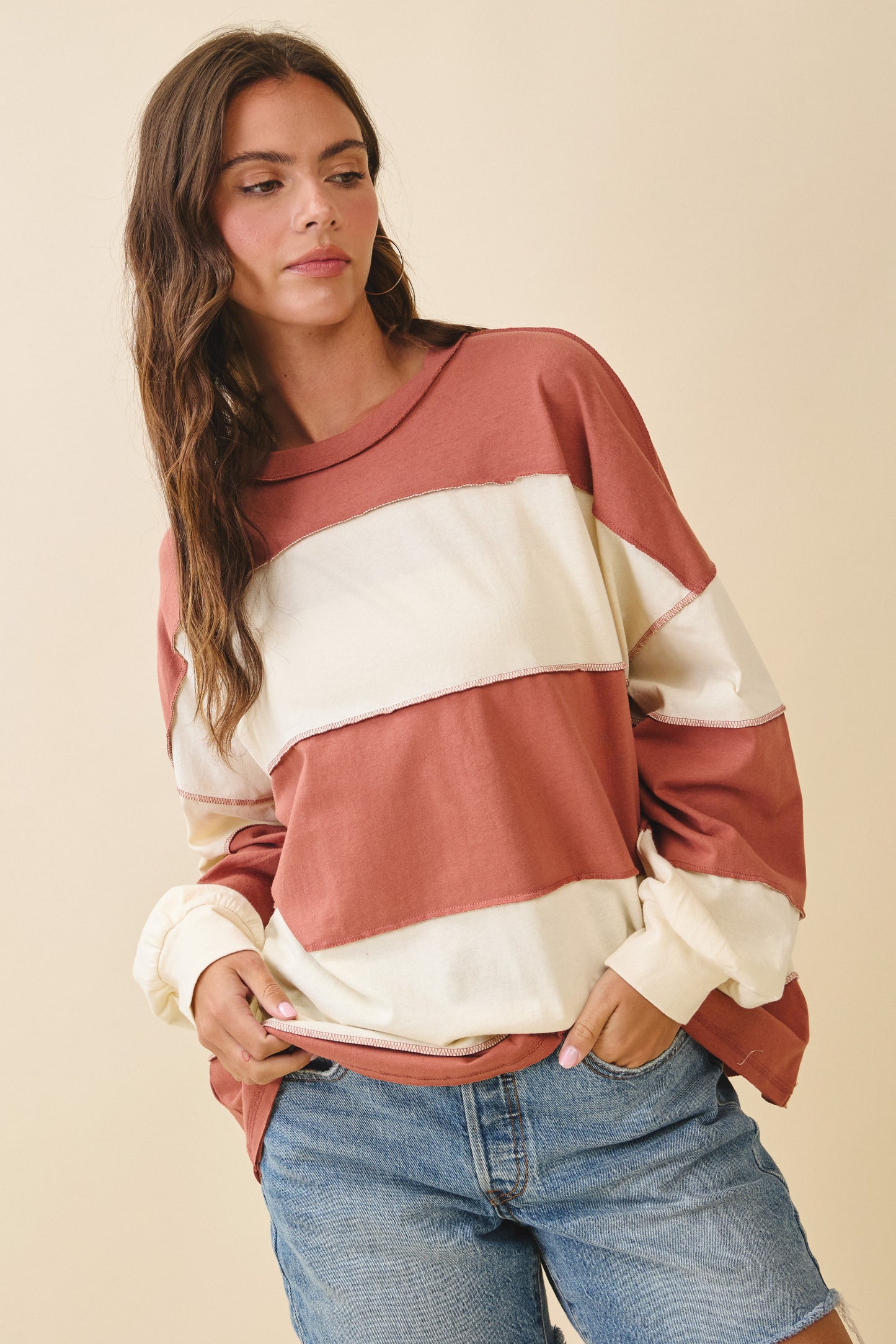 Contrast Panel Long Sleeve Slouchy Top- Terracotta Butter