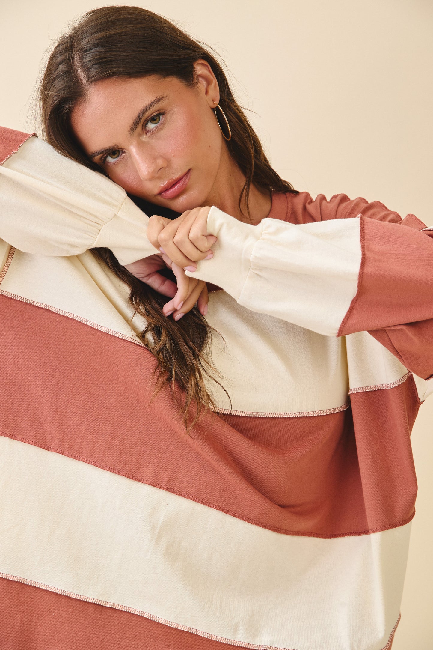 Contrast Panel Long Sleeve Slouchy Top- Terracotta Butter
