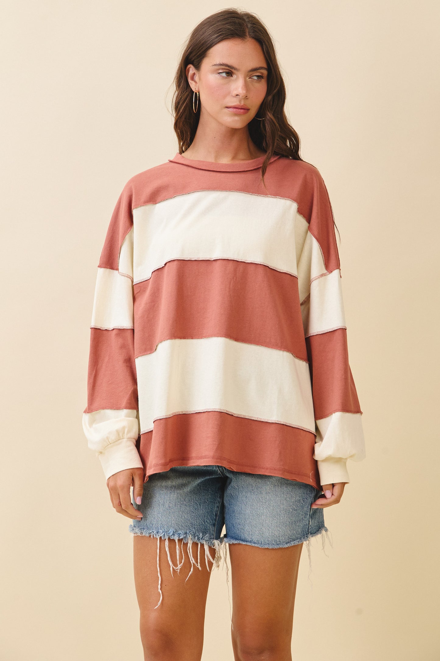 Contrast Panel Long Sleeve Slouchy Top- Terracotta Butter