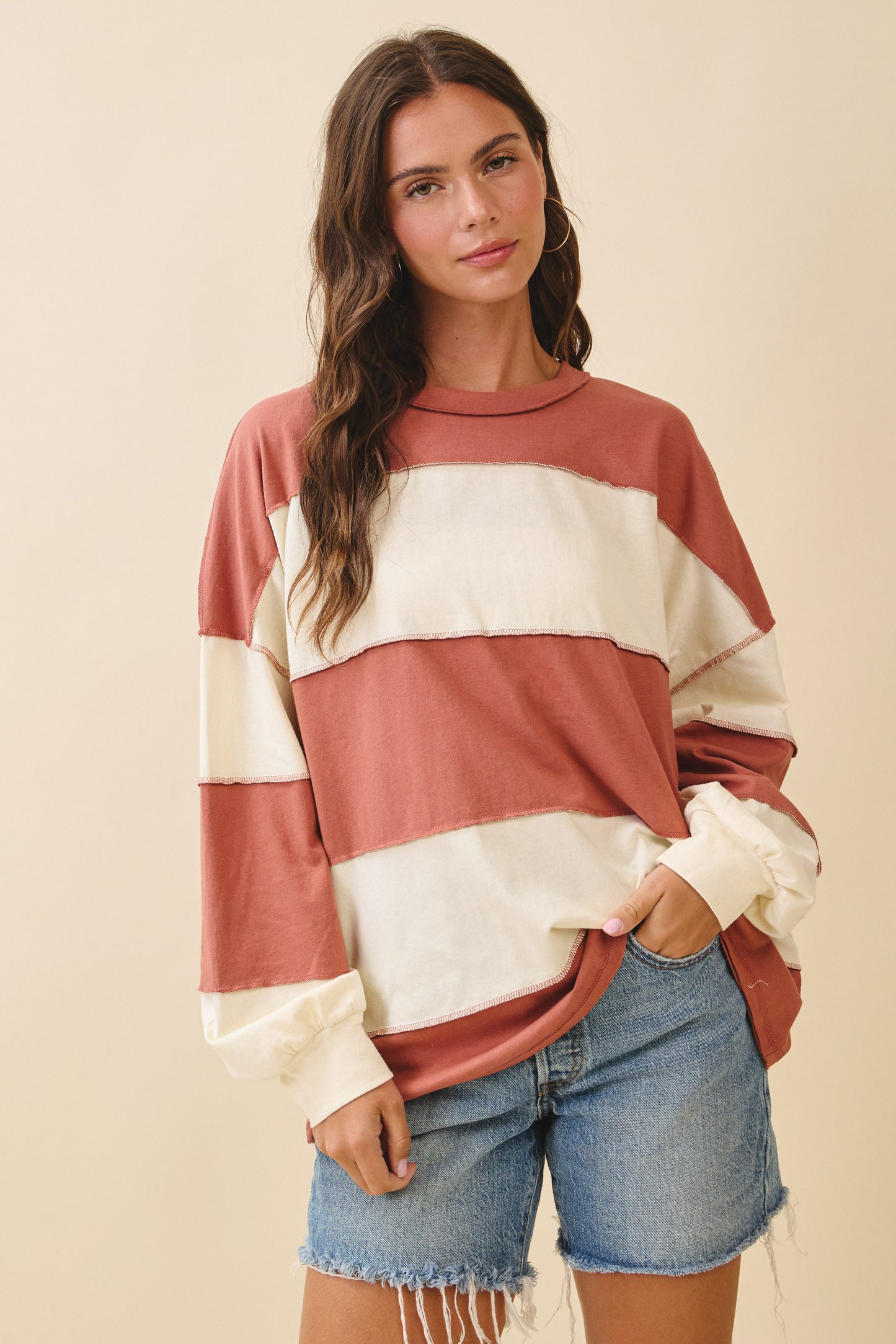 Contrast Panel Long Sleeve Slouchy Top- Terracotta Butter