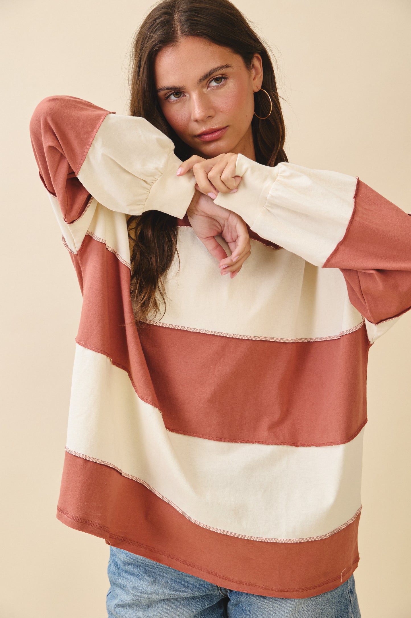 Contrast Panel Long Sleeve Slouchy Top- Terracotta Butter