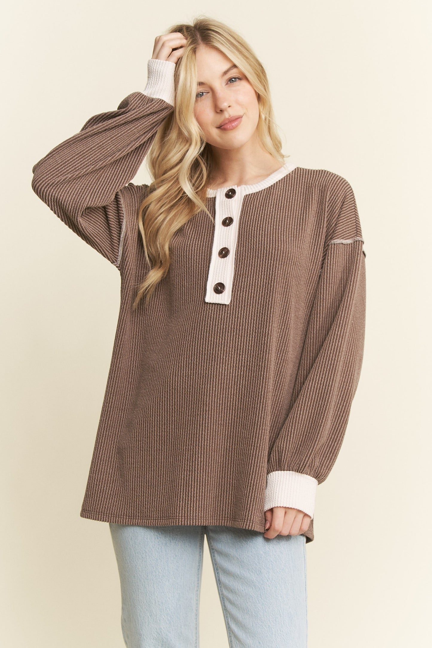 Plus Long Sleeve Contrast Button Urban Rib Top