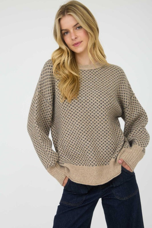 Mini Jacquard Crew Neck Long Sleeve Knit Sweater