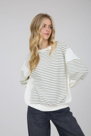 Contrast Stripe Raw Edge Long Sleeve Knit Top
