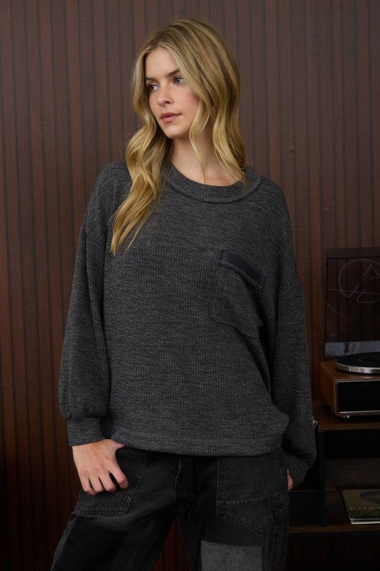 Crew Neck Button Detail Long Sleeve Knit Top - Charcoal