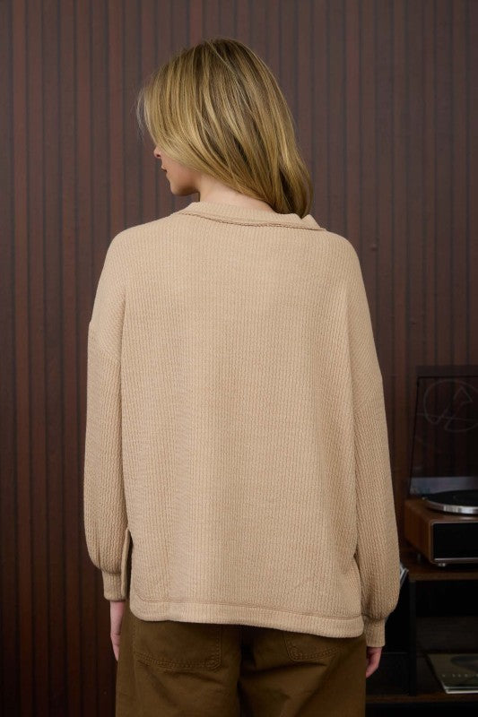 Crew Neck Button Detail Long Sleeve Knit Top - Khaki