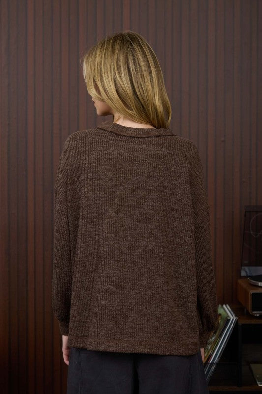Crew Neck Button Detail Long Sleeve Knit Top - Dark Brown