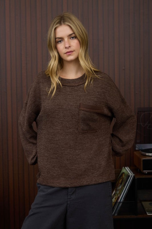 Crew Neck Button Detail Long Sleeve Knit Top - Dark Brown