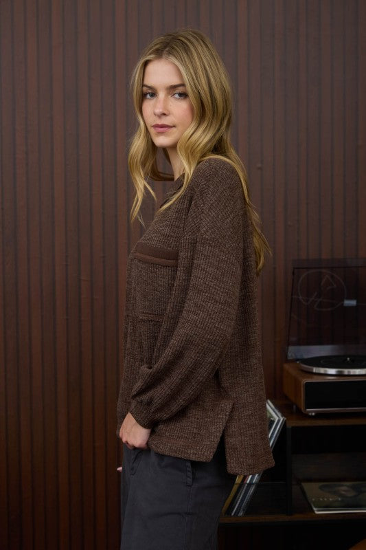 Crew Neck Button Detail Long Sleeve Knit Top - Dark Brown