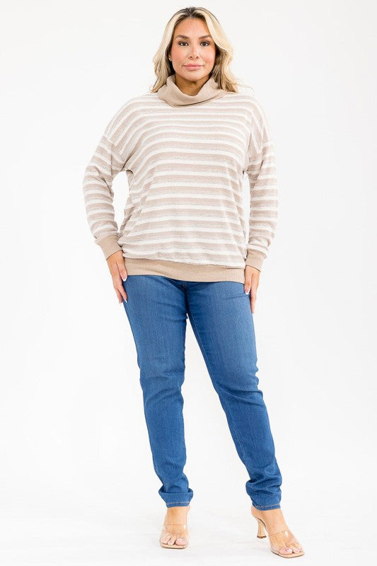 Plus Size Striped Knit Top W/ Solid Trim