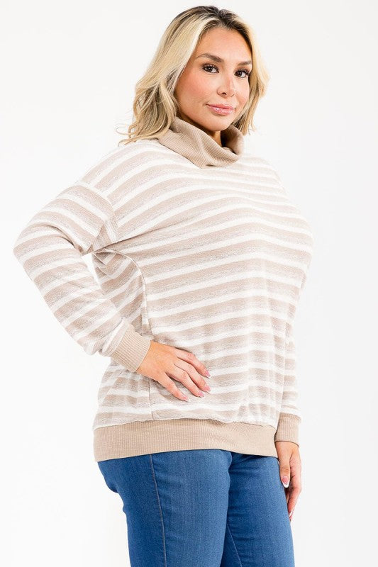 Plus Size Striped Knit Top W/ Solid Trim