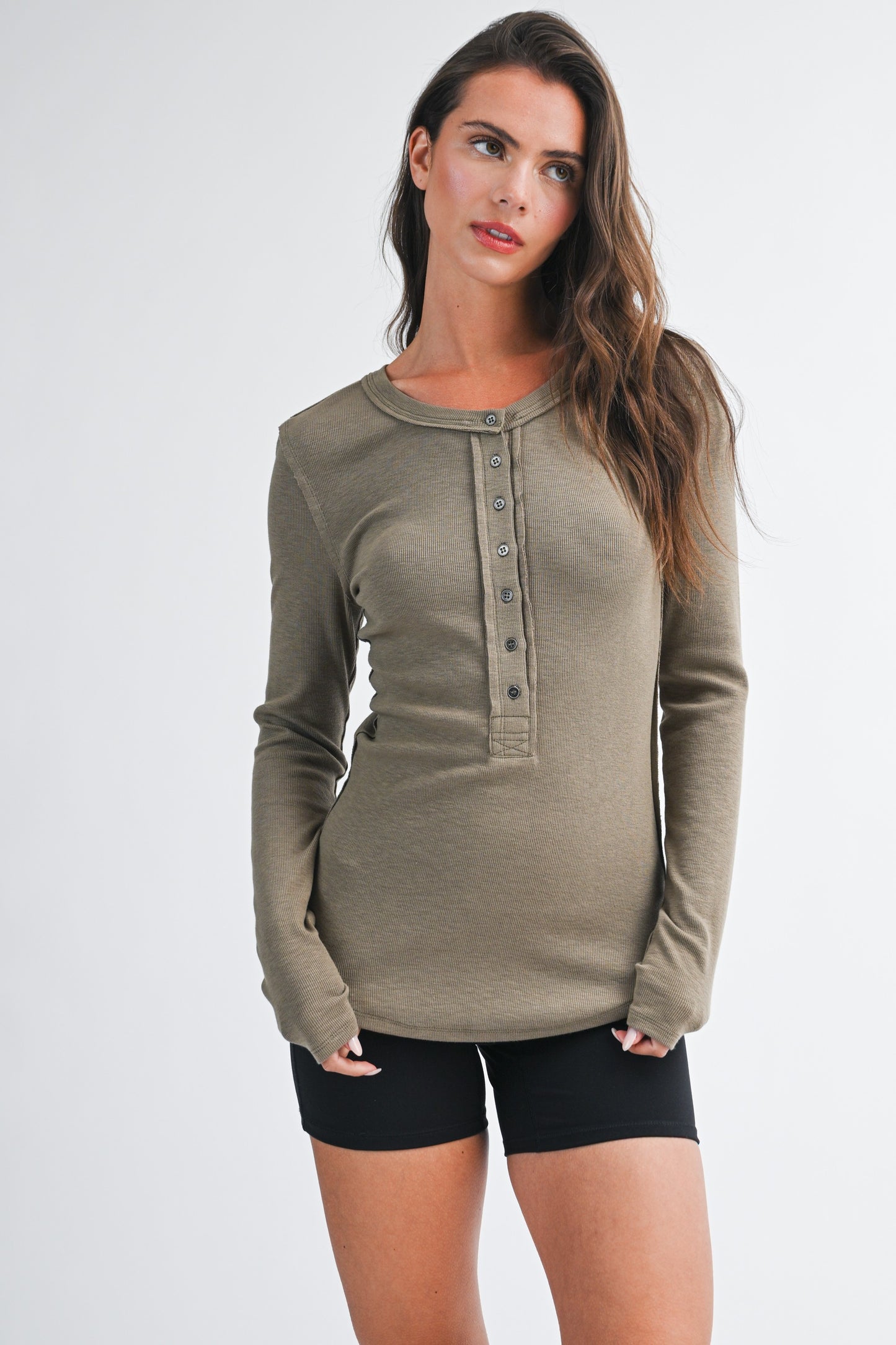 Mocha Henley Long Sleeve Top