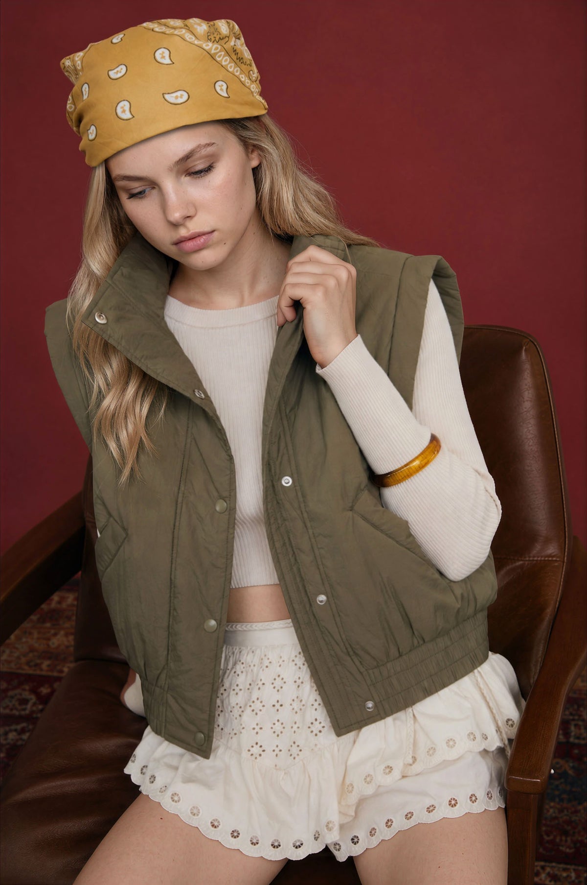 Cropped Mock Neck Snap Puffer Vest