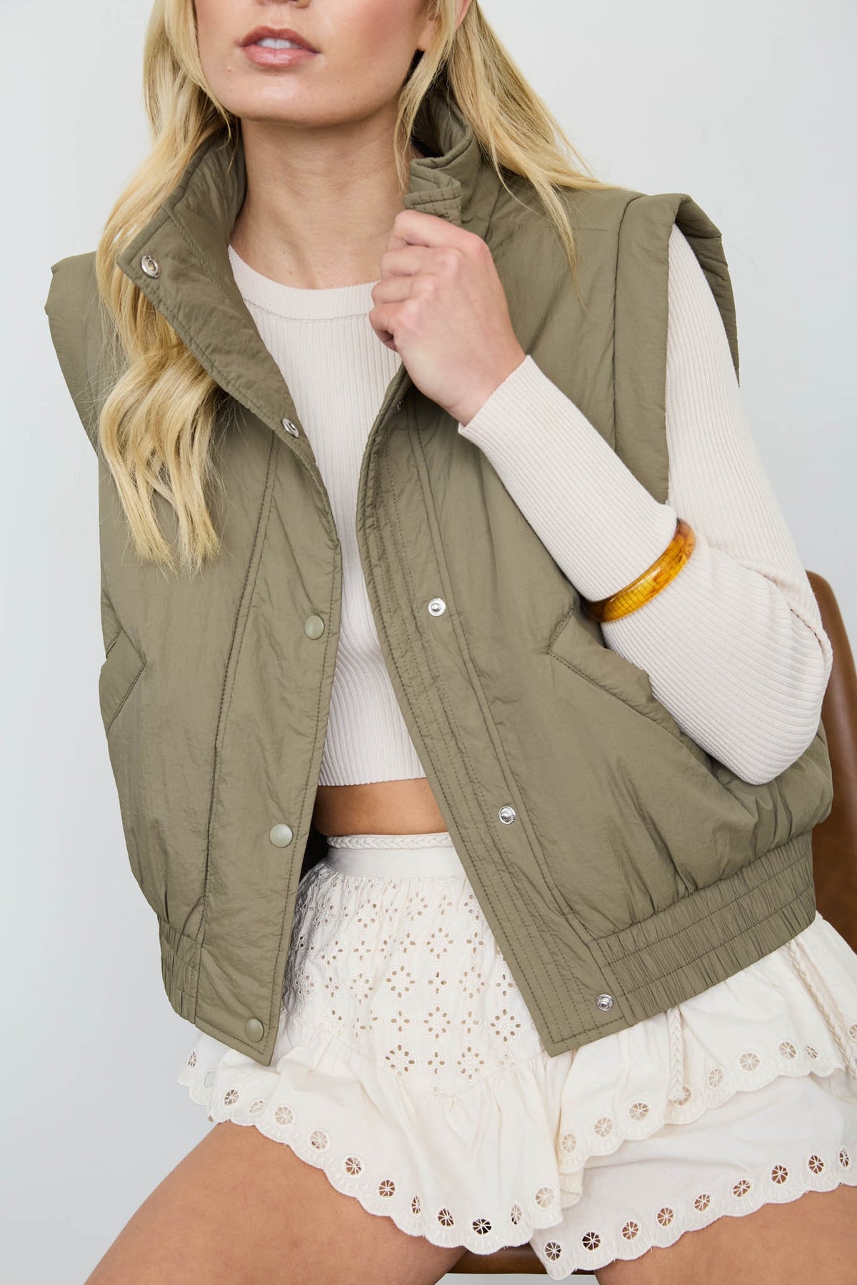 Cropped Mock Neck Snap Puffer Vest