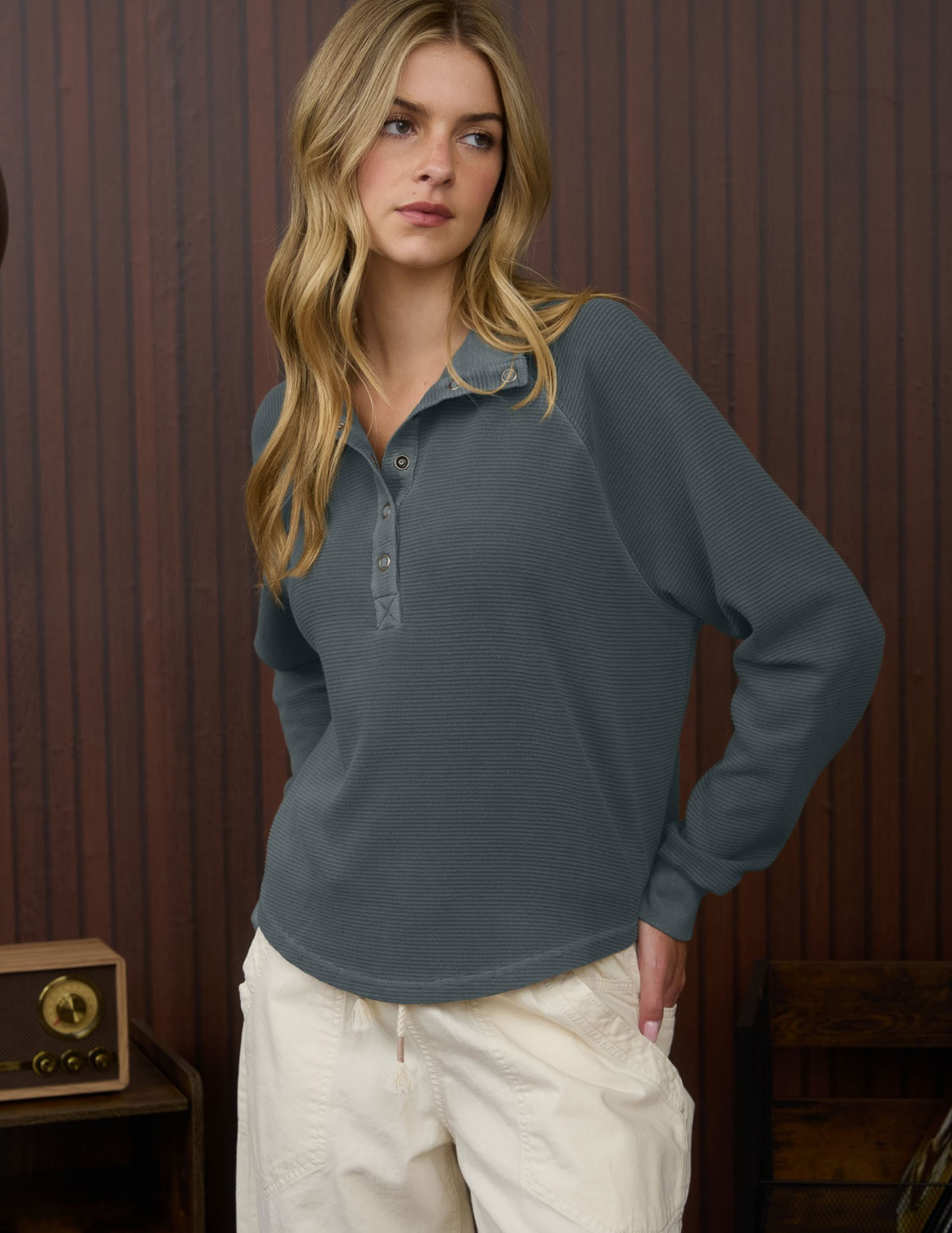 Mock Neck Half Snap Button Long Sleeve Knit Top