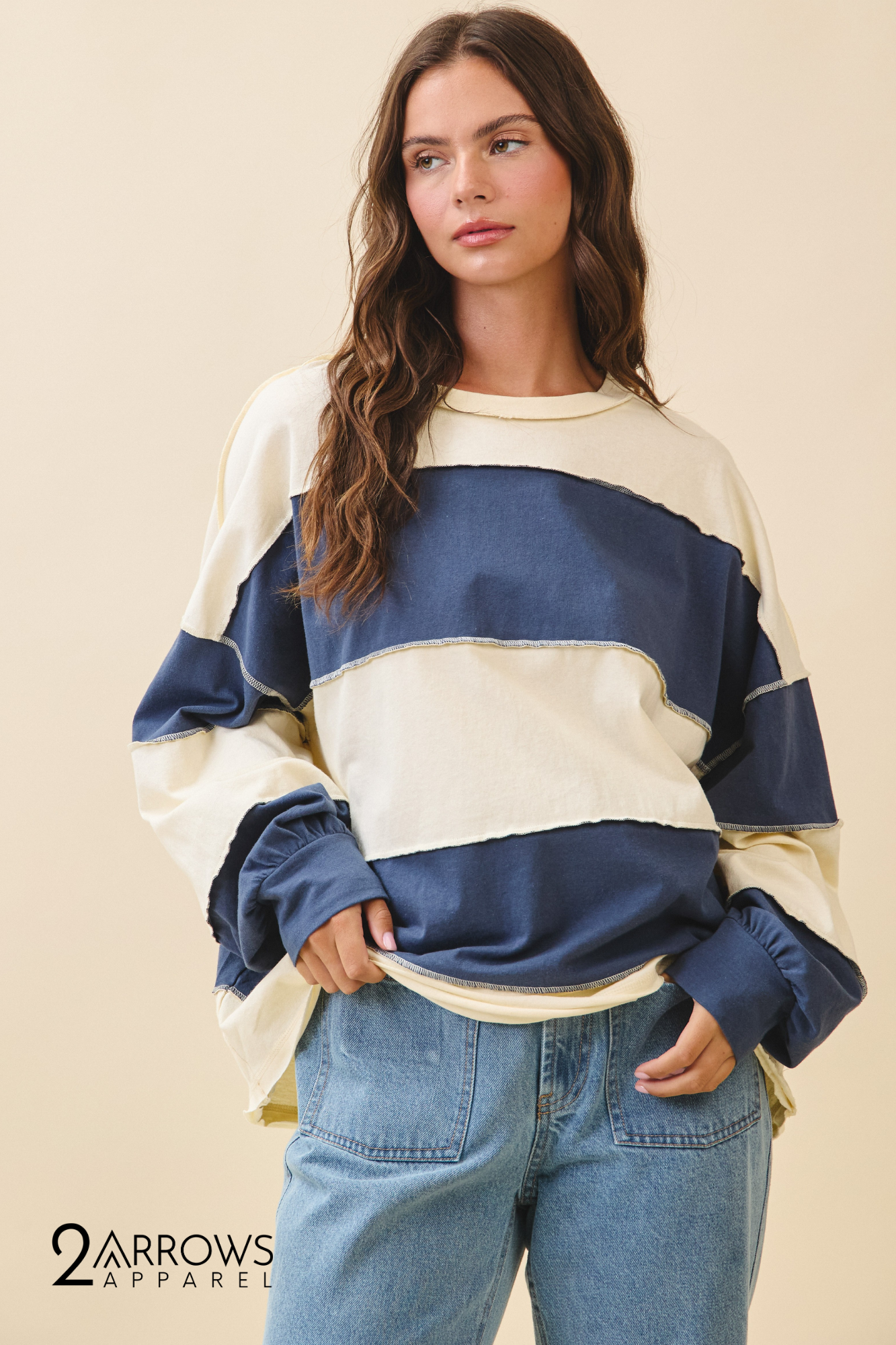 Contrast Panel Long Sleeve Slouchy Pullover