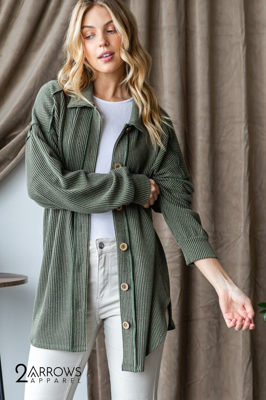 Plus Basic Collar Solid Urban Ribbed Button Down - Olive