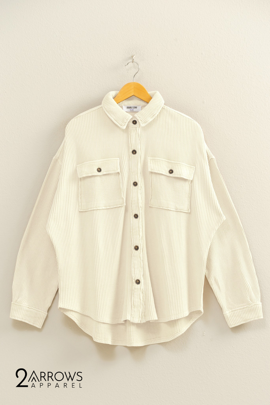 Oversized Mineral Washed Waffle Button Up Shacket - Cream