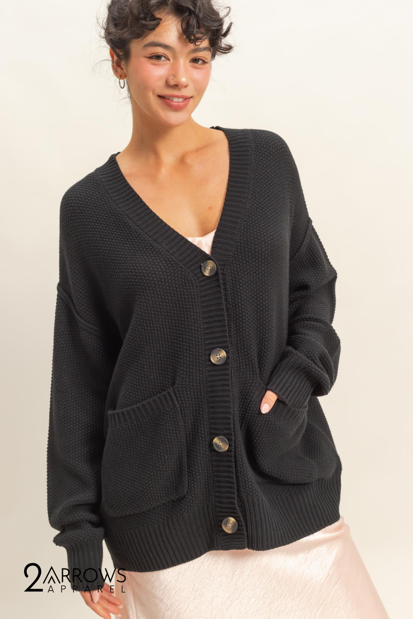Button-front Oversized Cardigan- Black