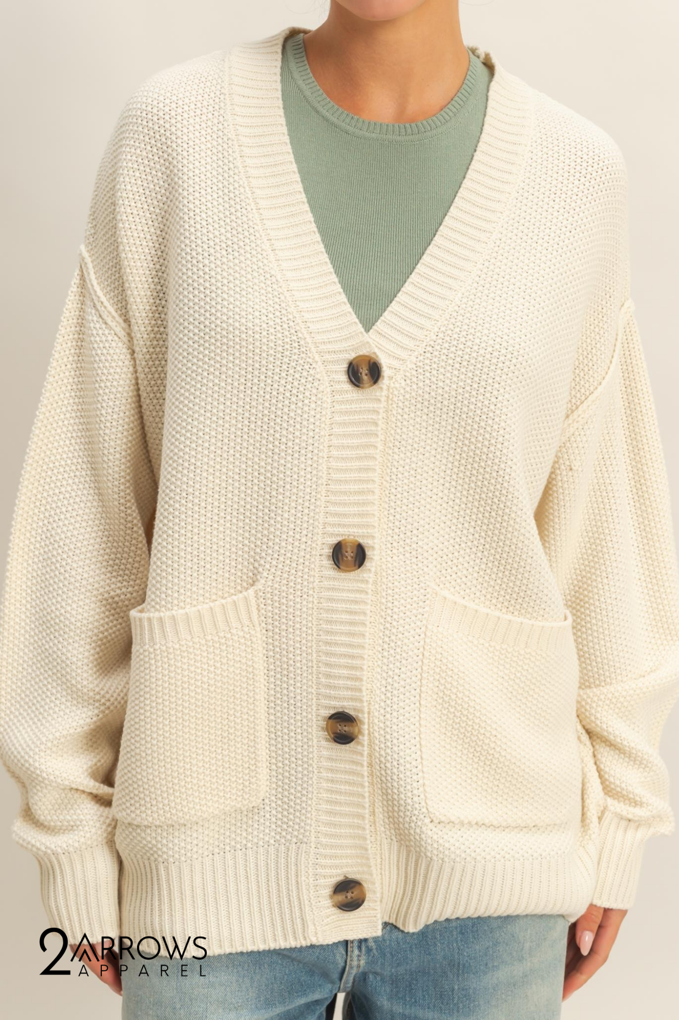 Button-front Oversized Cardigan- Cream
