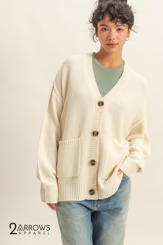 Button-front Oversized Cardigan- Cream