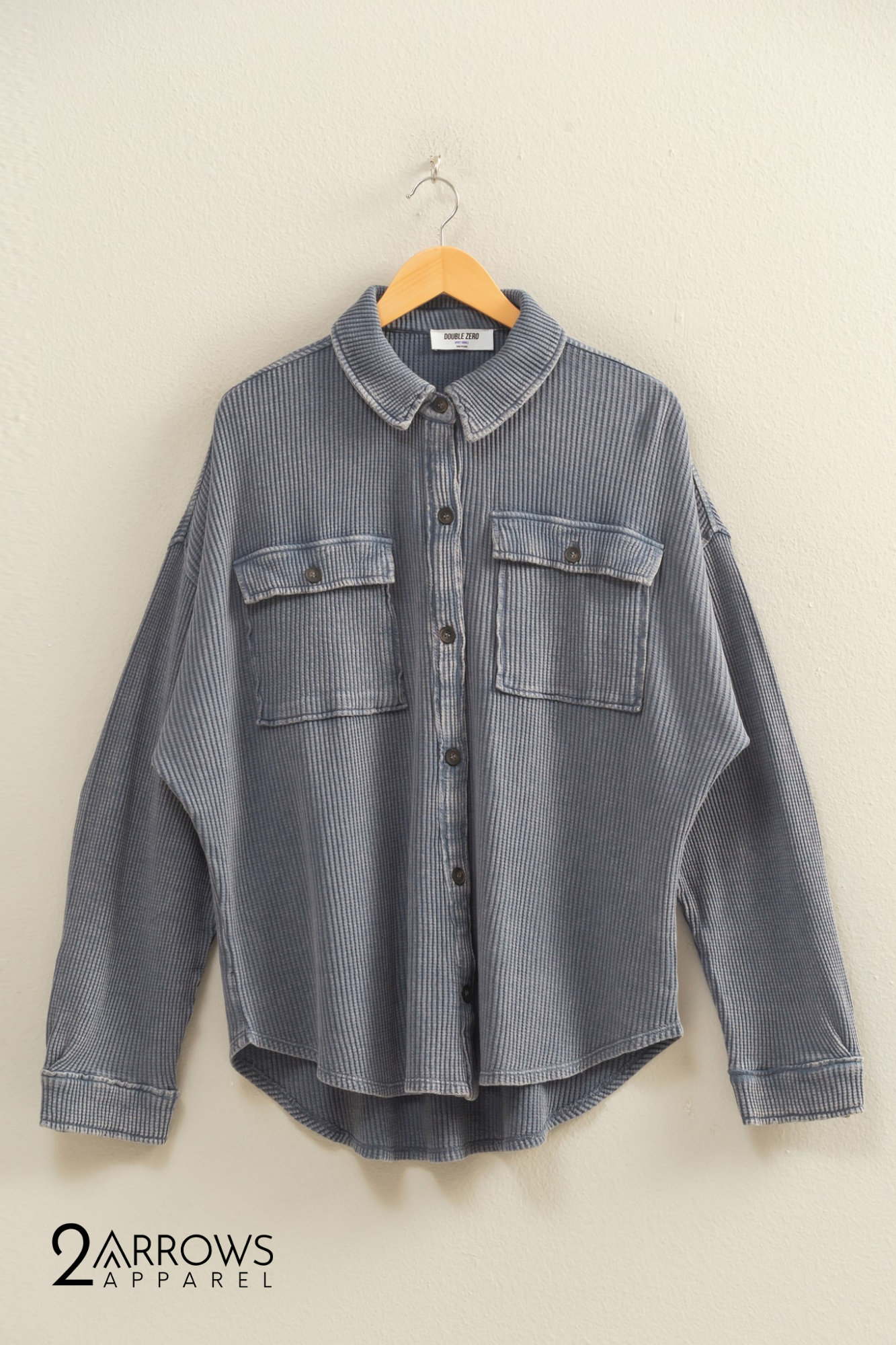 Oversized Mineral Washed Waffle Button Up Shacket - Dusty Navy