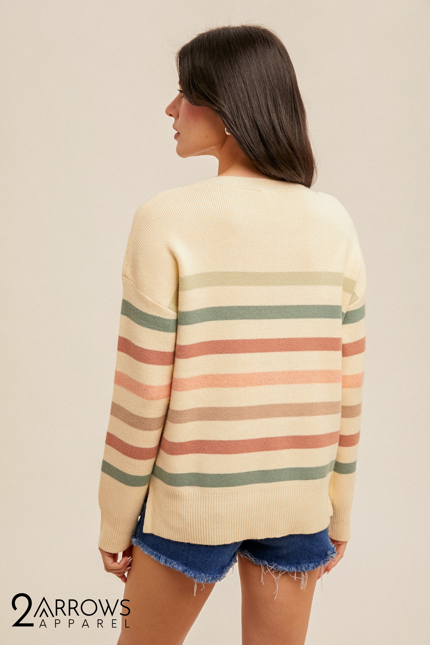 Crew Neck Stripe Split Hem Sweater