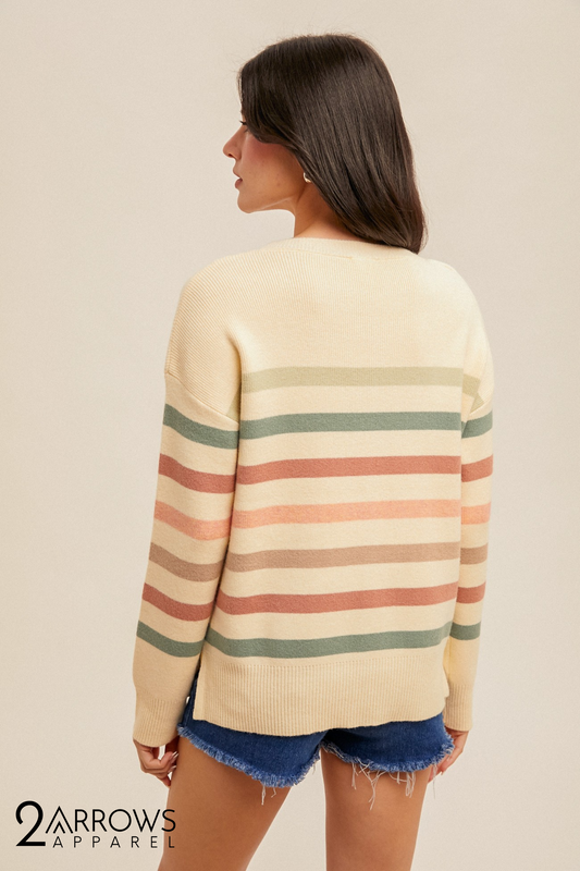 Crew Neck Stripe Split Hem Sweater
