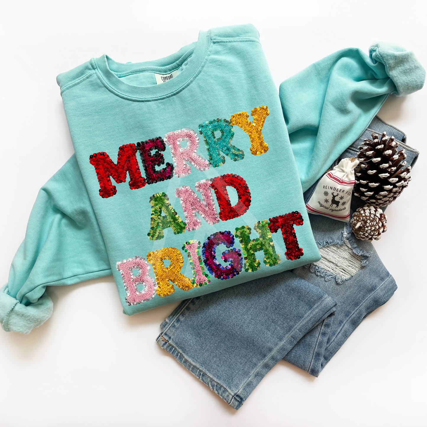 Merry And Bright Sweatshirt-FAUX Sequin