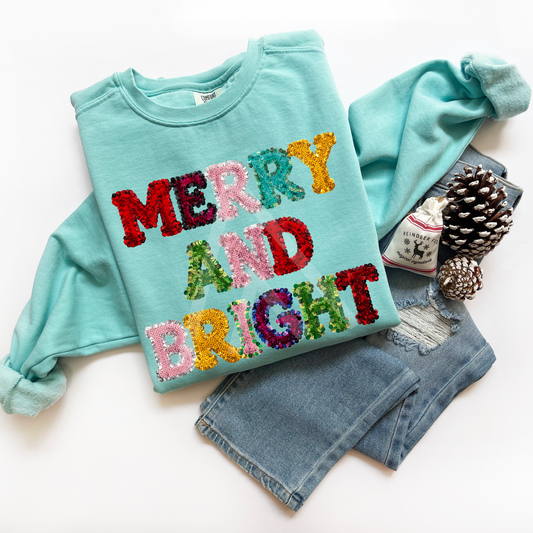 Merry And Bright Sweatshirt-FAUX Sequin
