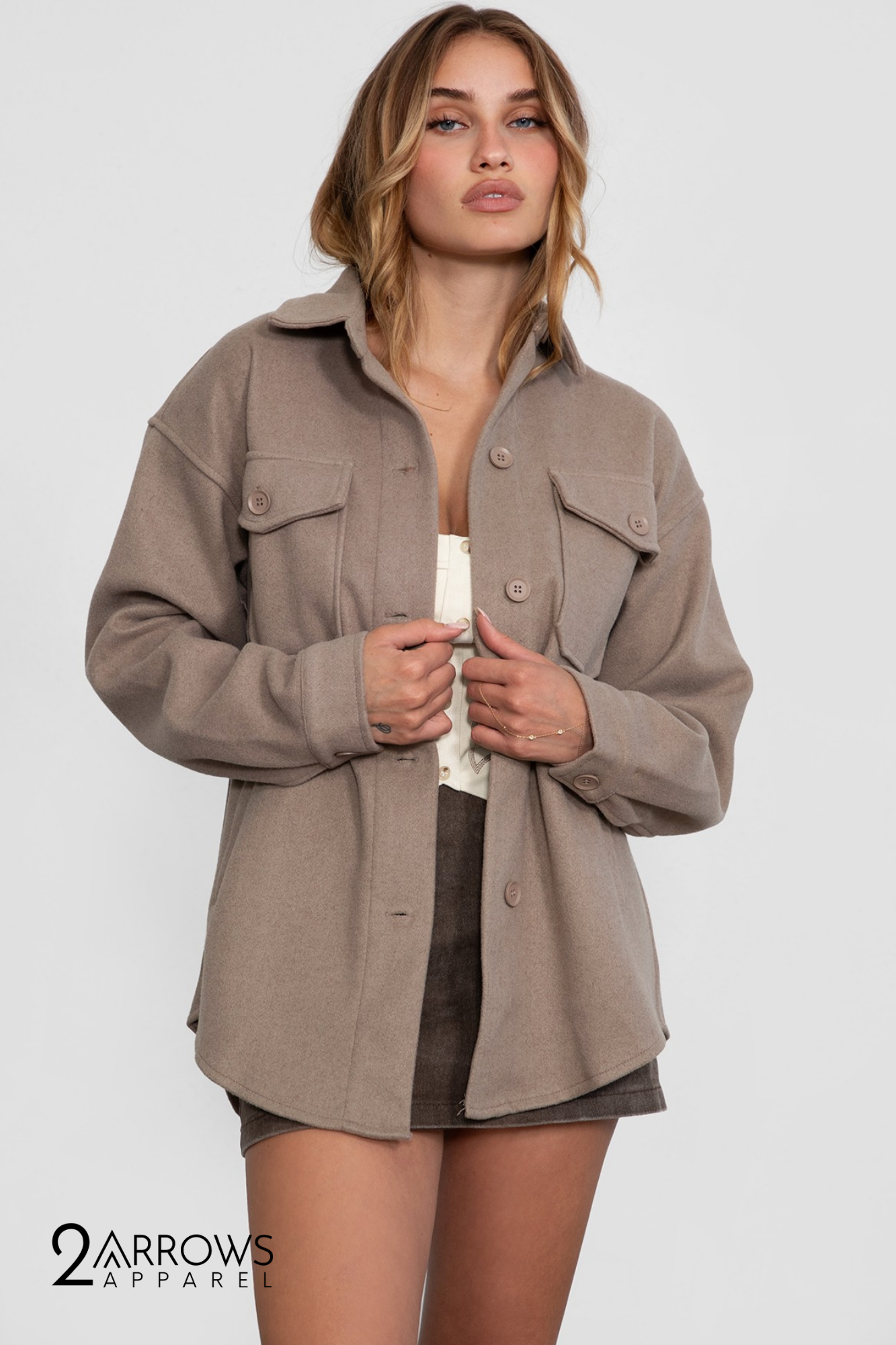 Birken Faux Wool Collared Shirt Shacket - Taupe