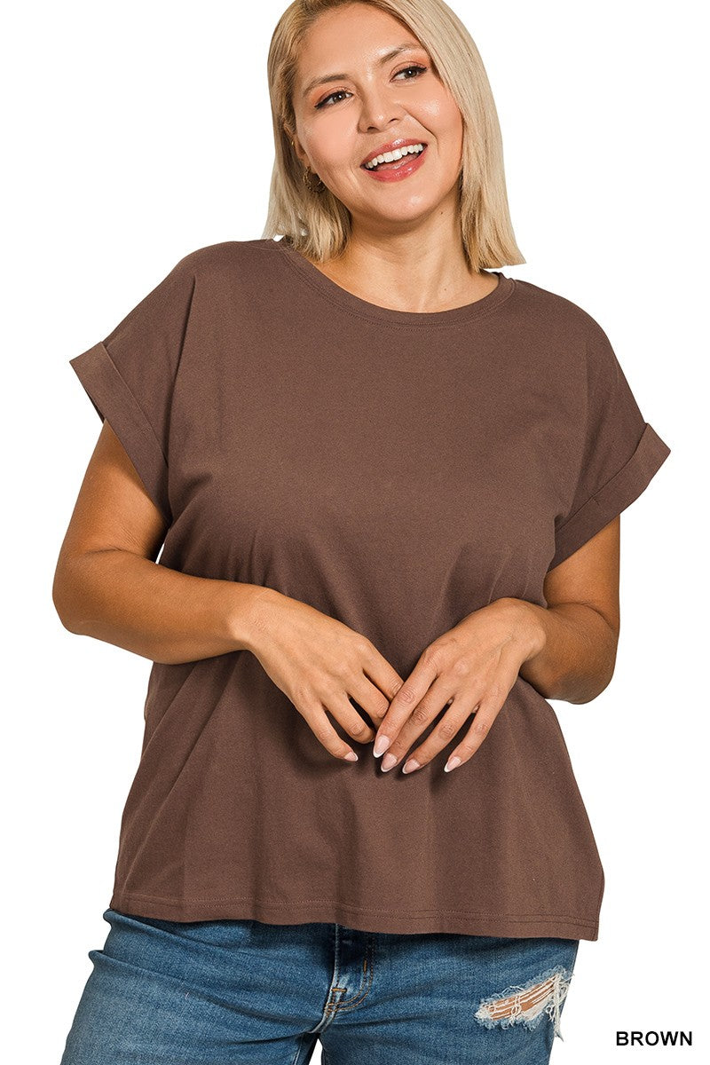 Plus Round Neck Folded Short Sleeve T-shirt