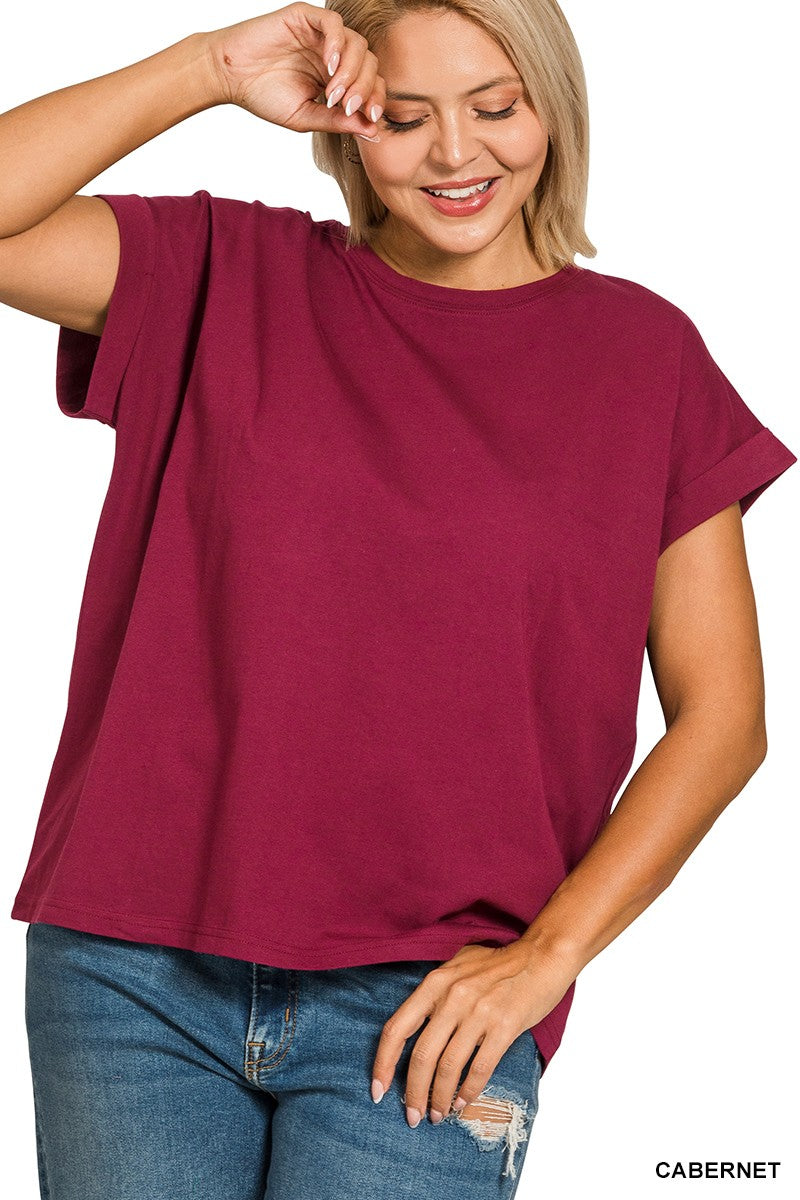 Plus Round Neck Folded Short Sleeve T-shirt