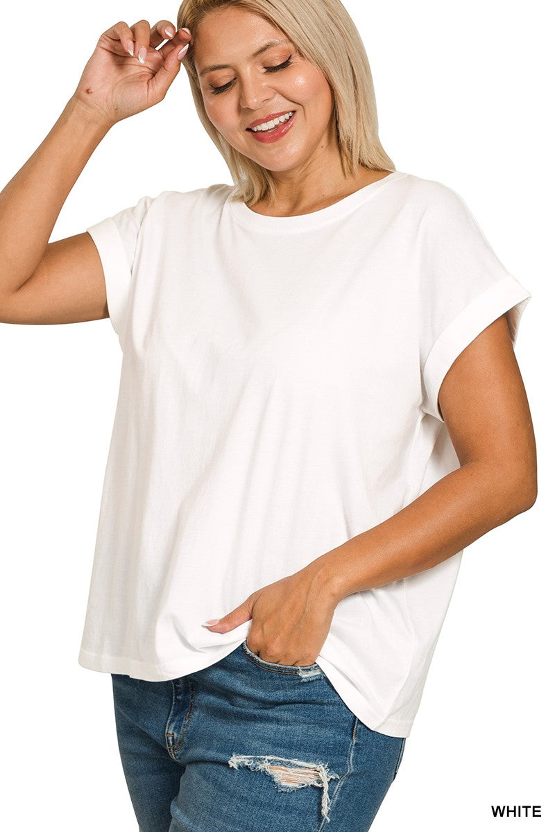 Plus Round Neck Folded Short Sleeve T-shirt